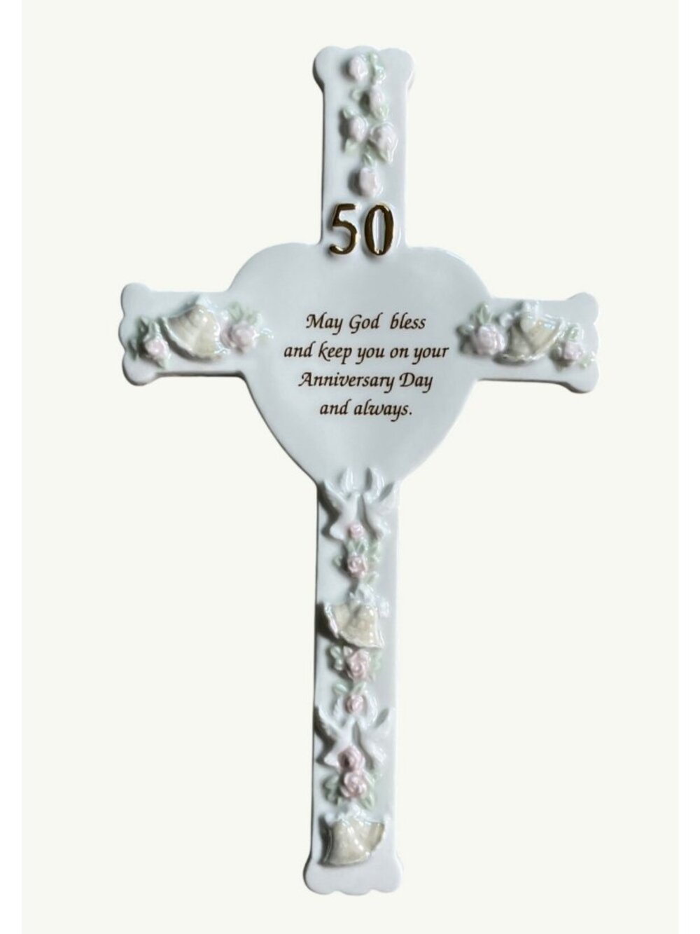 Anniversary 50th Porcelain Wall Cross With Embossed Floral and Dove Design
